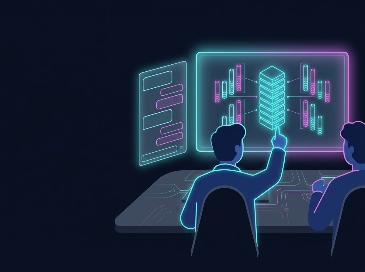 Illustration: two engineers at a shared terminal reviewing a glowing storage diagram together, with a chat panel beside them