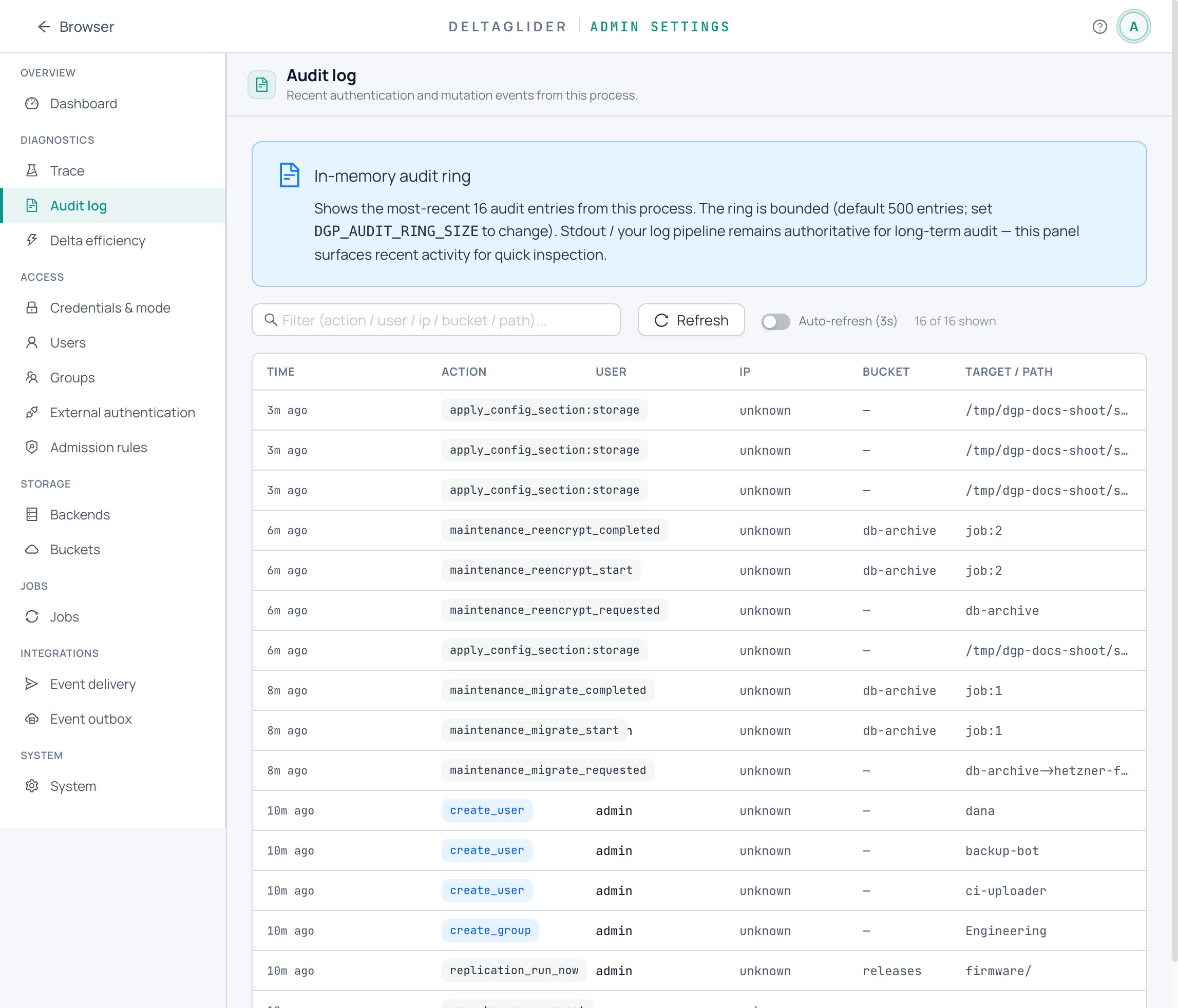Audit log panel