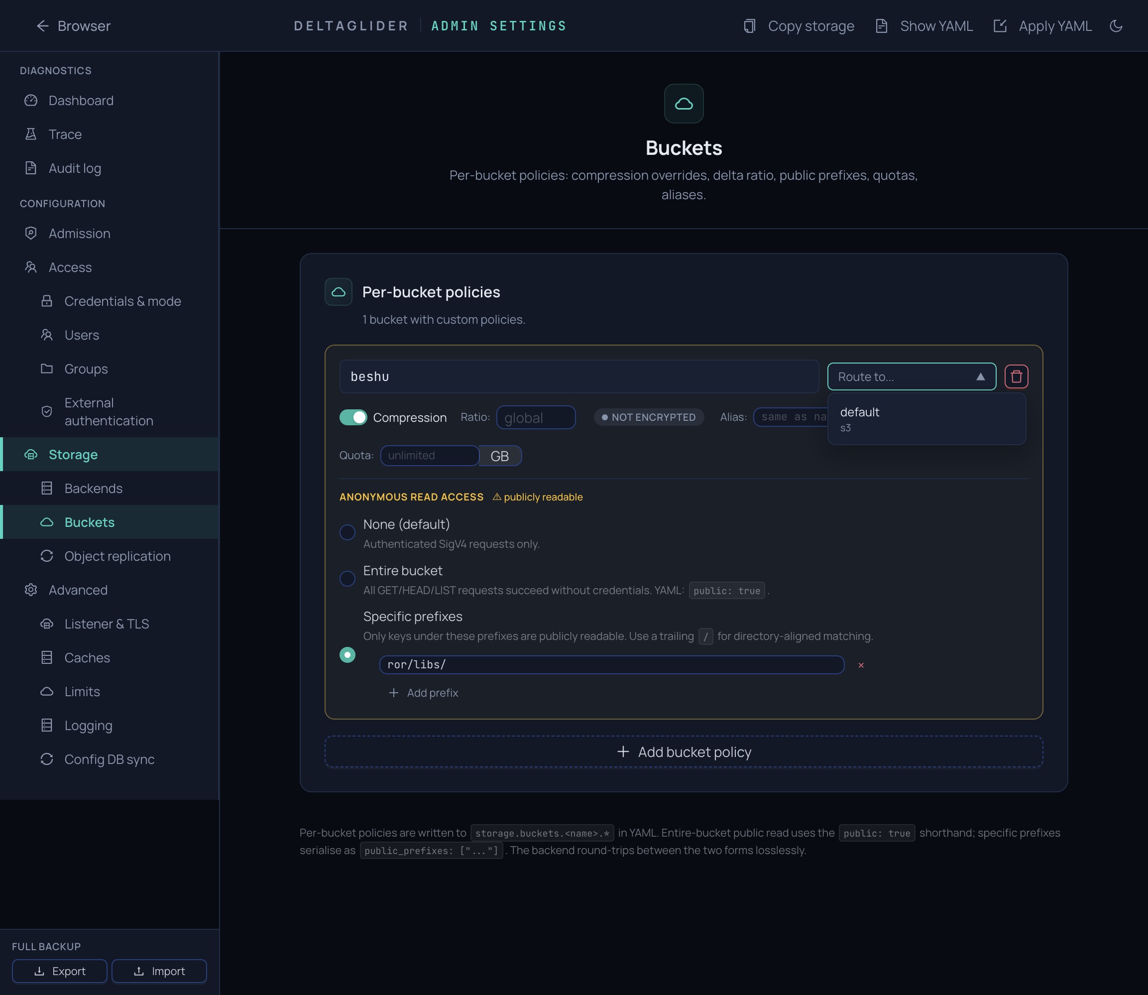 DeltaGlider Proxy per-bucket policies page