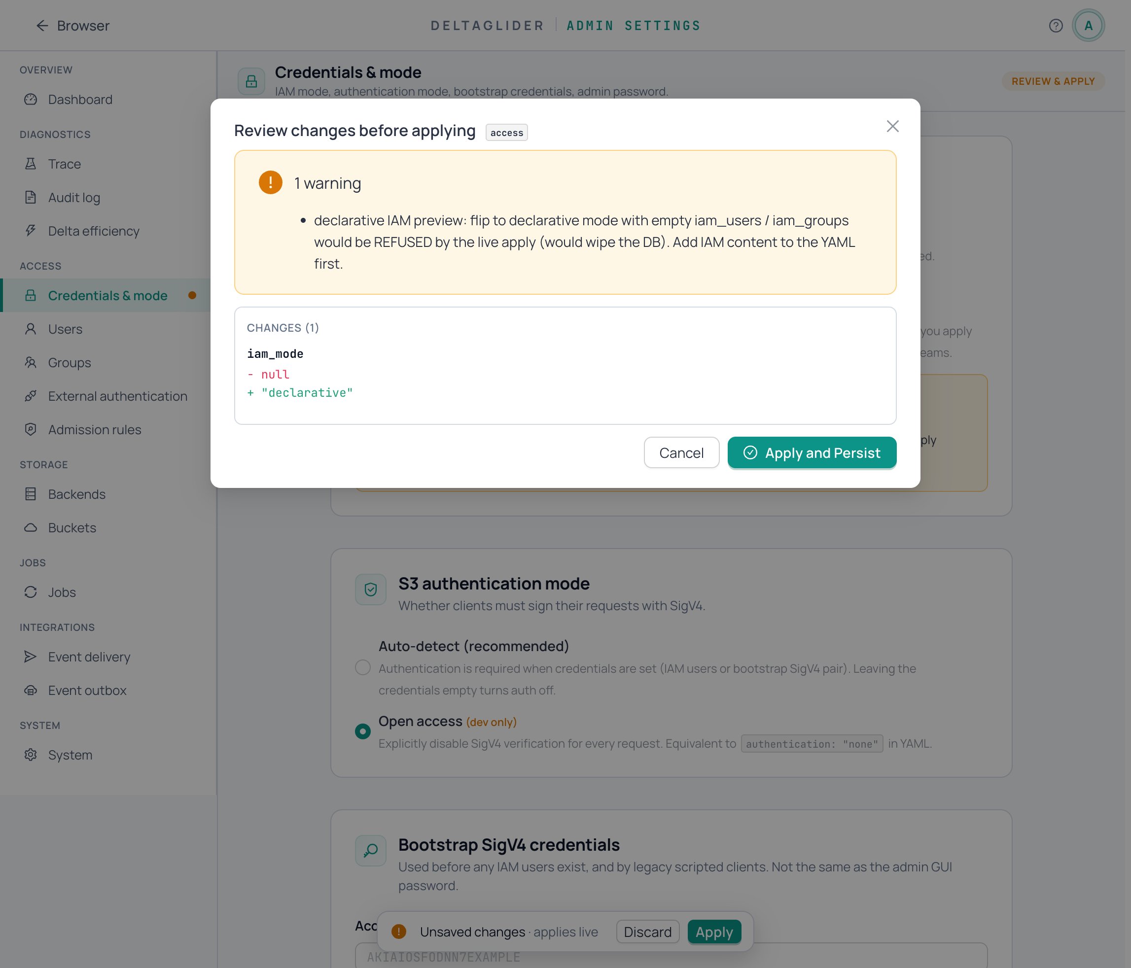Declarative IAM diff preview in the ApplyDialog