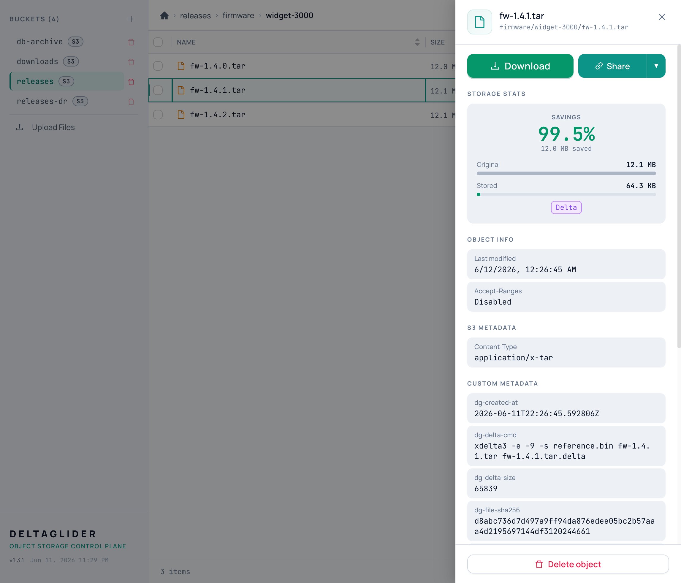 Delta savings badge in the object inspector