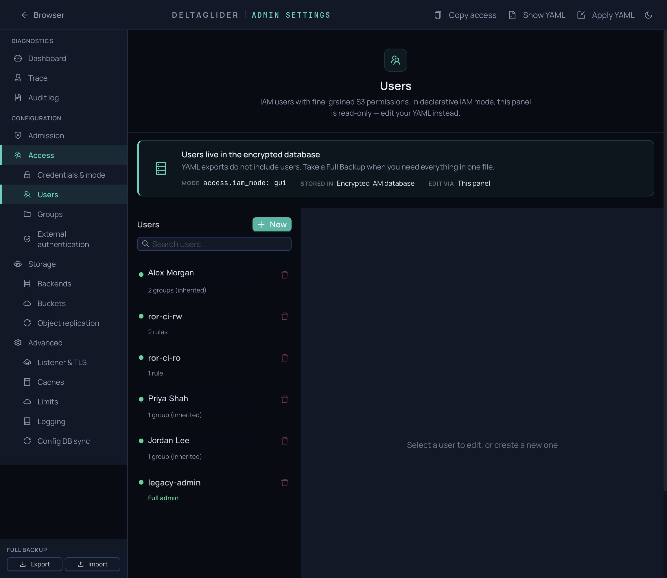 DeltaGlider Proxy IAM users page
