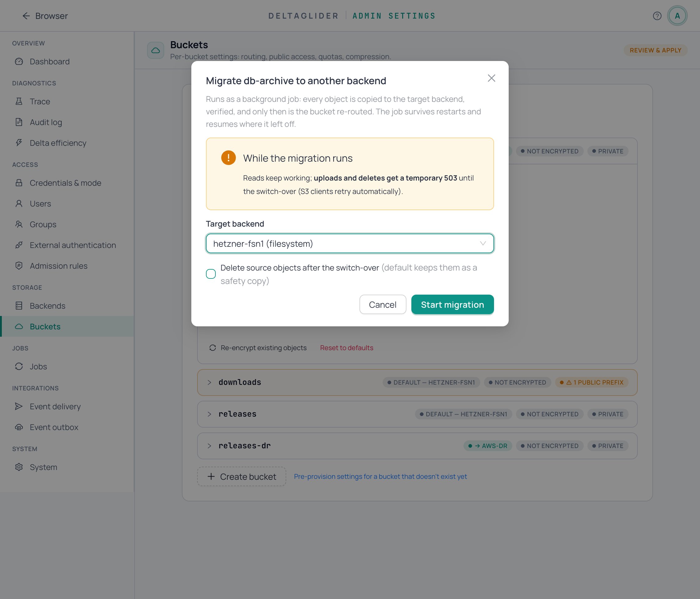 Migrate job dialog