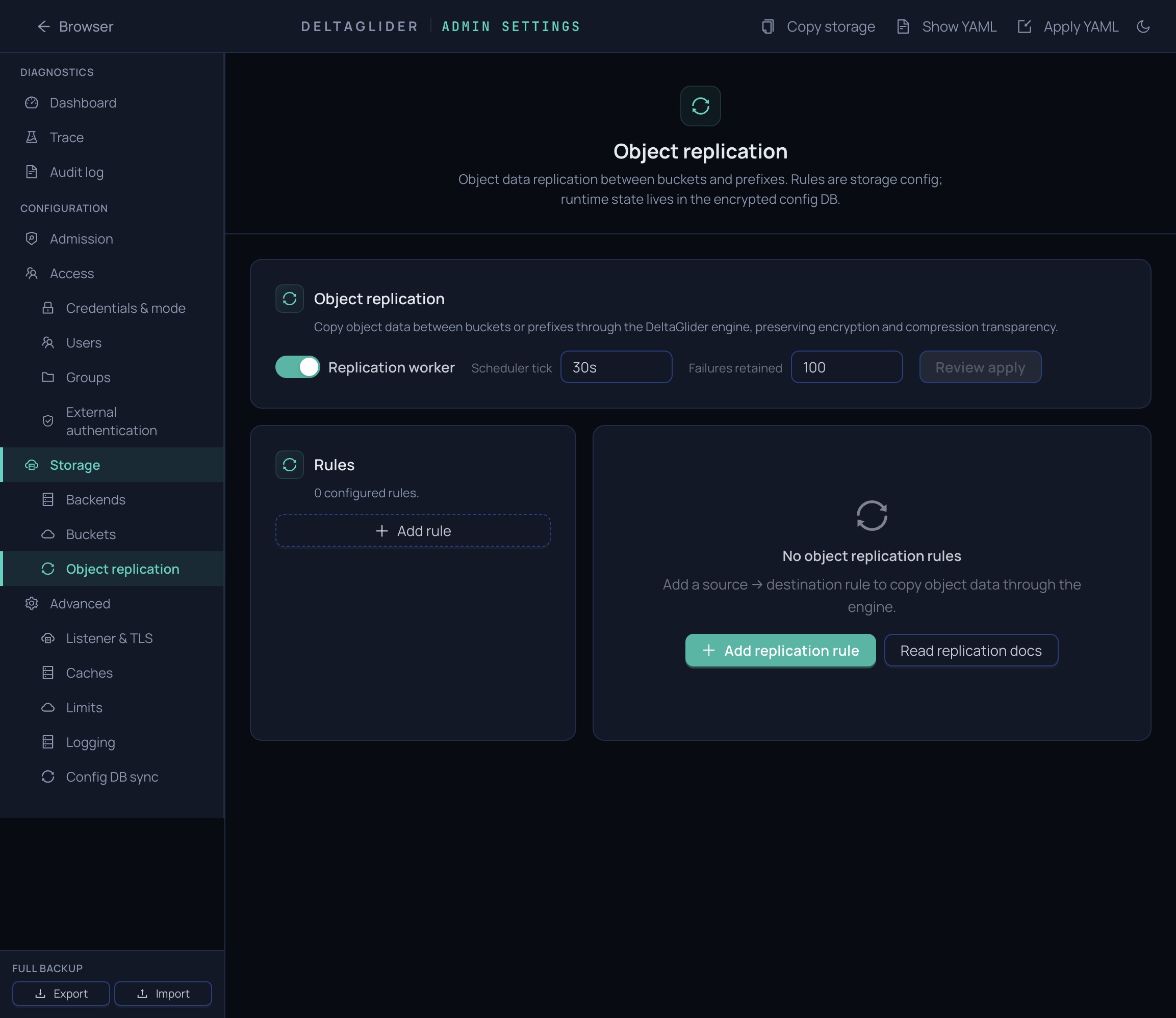 DeltaGlider Proxy object replication settings page